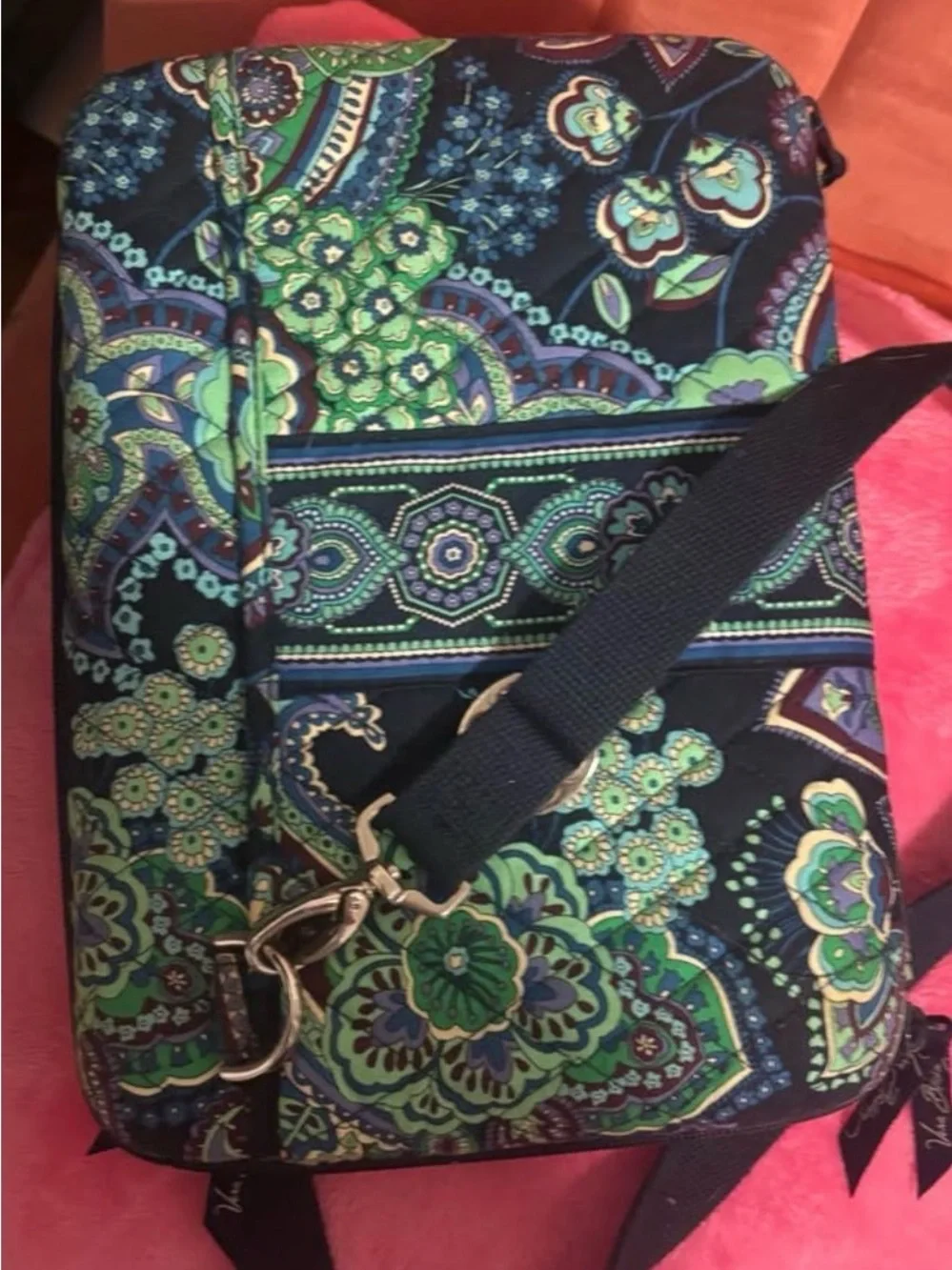 Vera Bradley Black Floral Paisley Laptop Bag with Green and Purple Accents